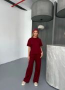 Osy Modal Yumuşak Dokulu Kumaş   Kısa Kollu Bluz Rahat Pantalon Ikili Takım- Bordo resmi